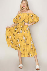 Mustard Floral Puff Sleeve Tiered Dress - Chic Elegance, Dresses, $ 55.00, A Moment Of Now™
